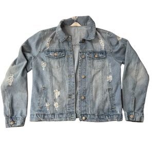 Cisono Women’s Sz M Grunge Distressed Medium Wash Soft Denim Jean Jacket